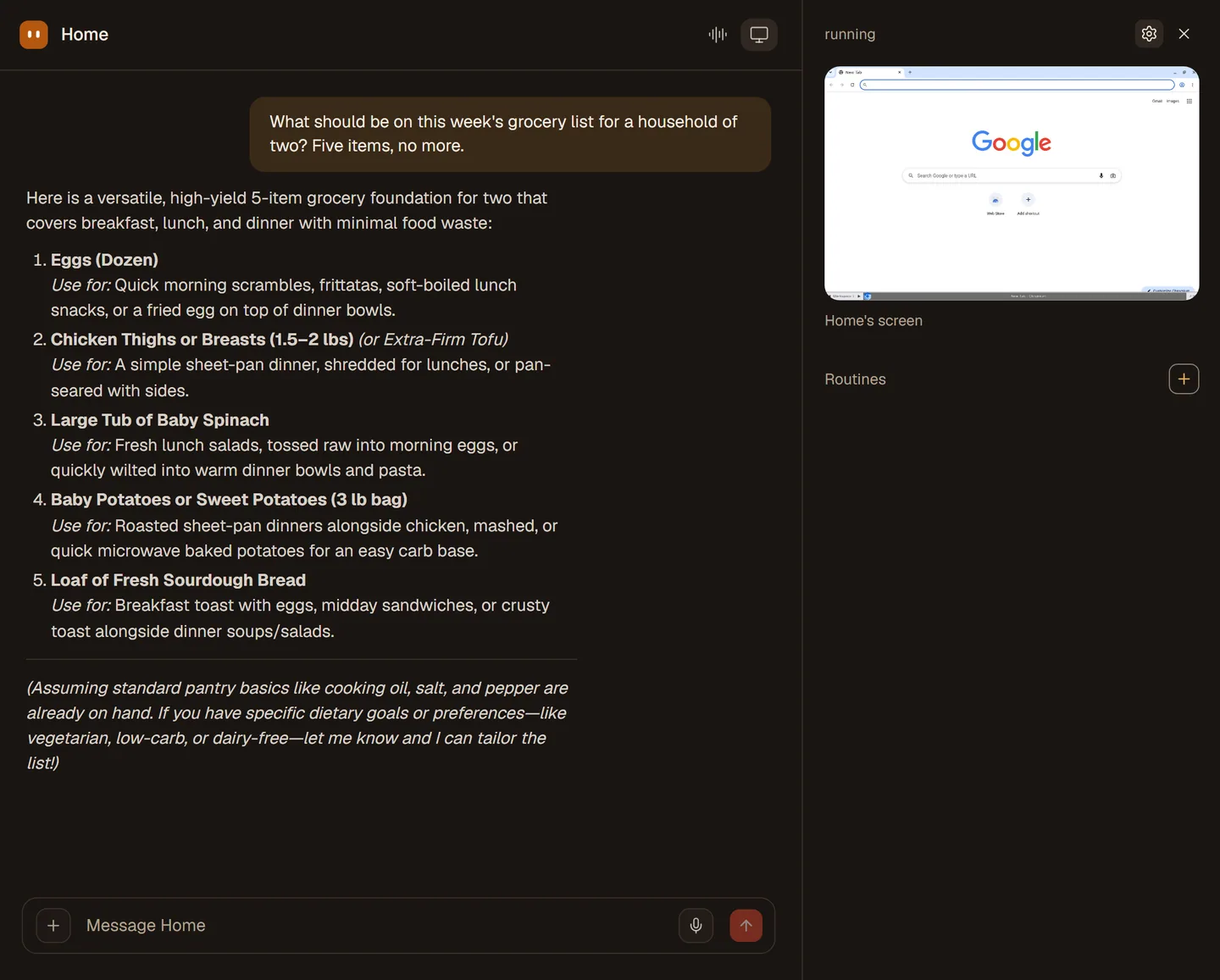 The Home agent with its computer pane open on the right, showing the agent's browser.