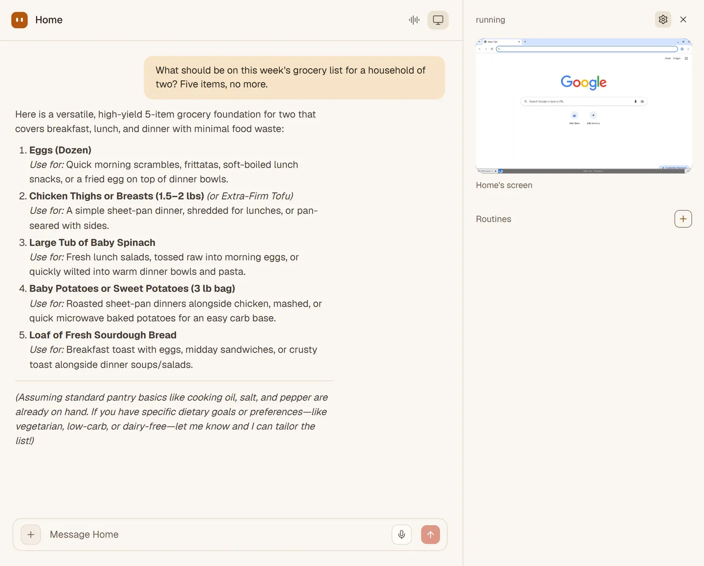 The Home agent with its computer pane open on the right, showing the agent's browser.