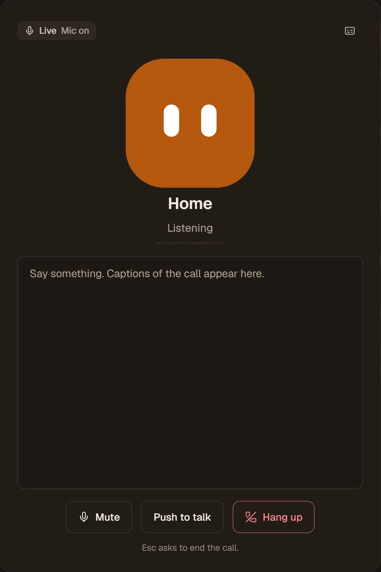 A live call with the Home agent, with captions and Mute, Push to talk and Hang up buttons.