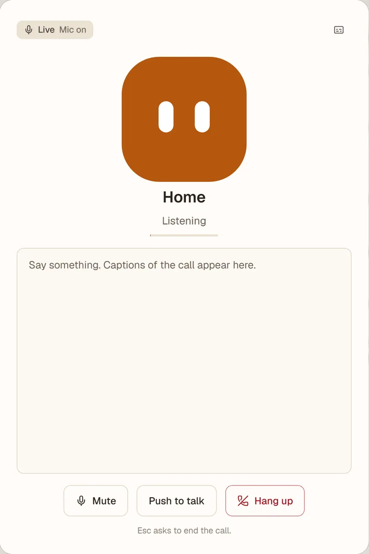 A live call with the Home agent, with captions and Mute, Push to talk and Hang up buttons.