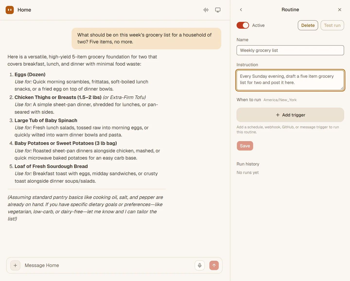 The routine editor with a weekly grocery list routine.